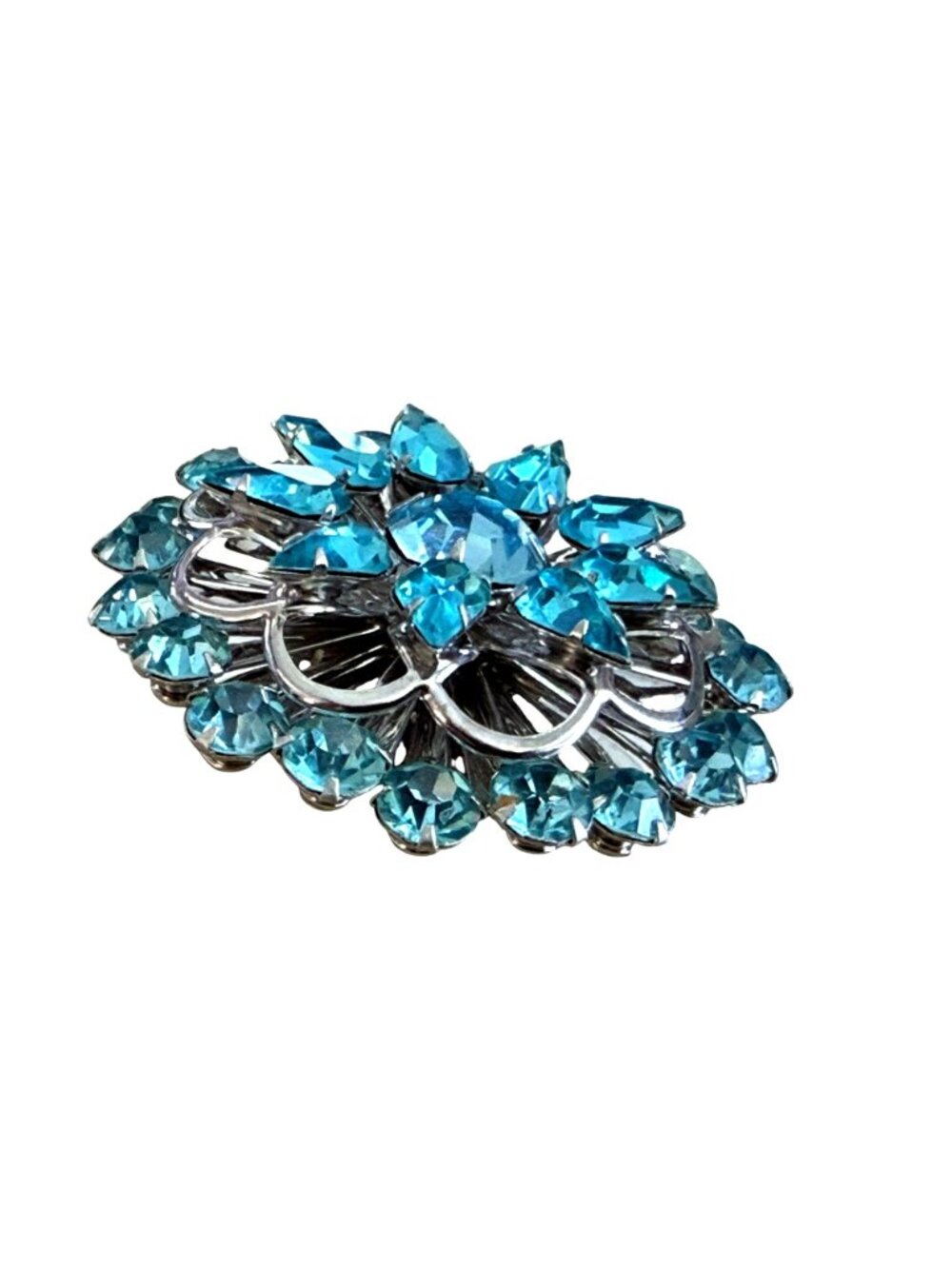 Vintage Blue Rhinestone Flower Brooch Pin Silver-Tone MCM Sparkling 2" - Picture 6 of 6